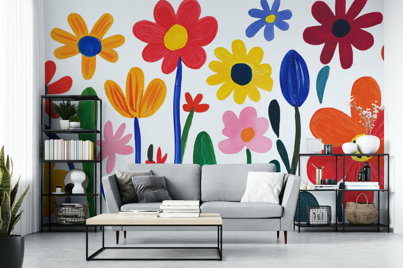 Whimsical Matisse floral mural with bold colors

