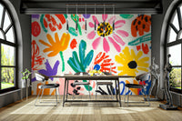 Playful flower cut-out mural in bright colors

