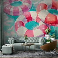 Fun pastel wall mural with retro poolside style

