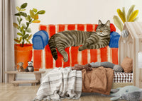 Watercolor-style mural of sleeping cat on furniture

