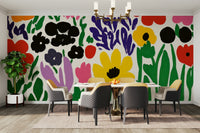 Joyful garden scene mural in bold abstract colors

