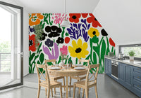 Bright living room with colorful garden mural

