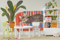 Playful cat illustration in dreamy mural setting

