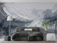 Abstract grayscale mural in modern gallery room

