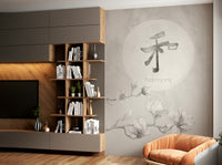 Neutral mural design with organic Japandi balance

