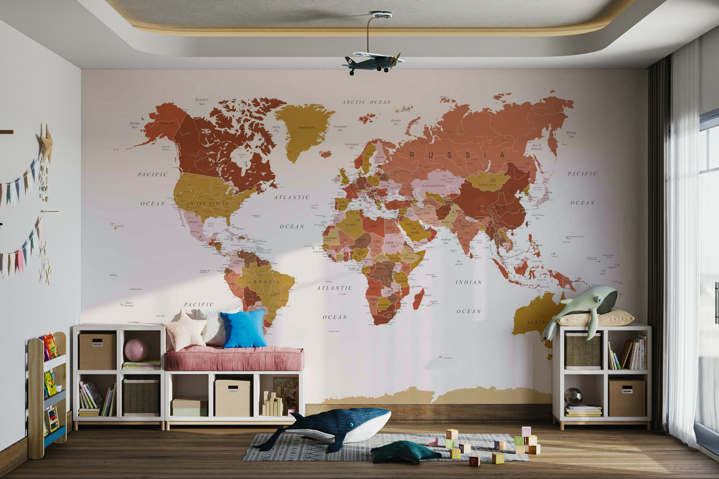 Neutral-toned map mural for modern interiors

