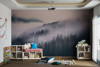 Foggy tree silhouette mural in neutral tones

