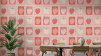 Wallpaper featuring illustrated strawberry postage stamps

