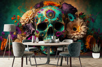 Floral Skull wall mural with vibrant botanical design

