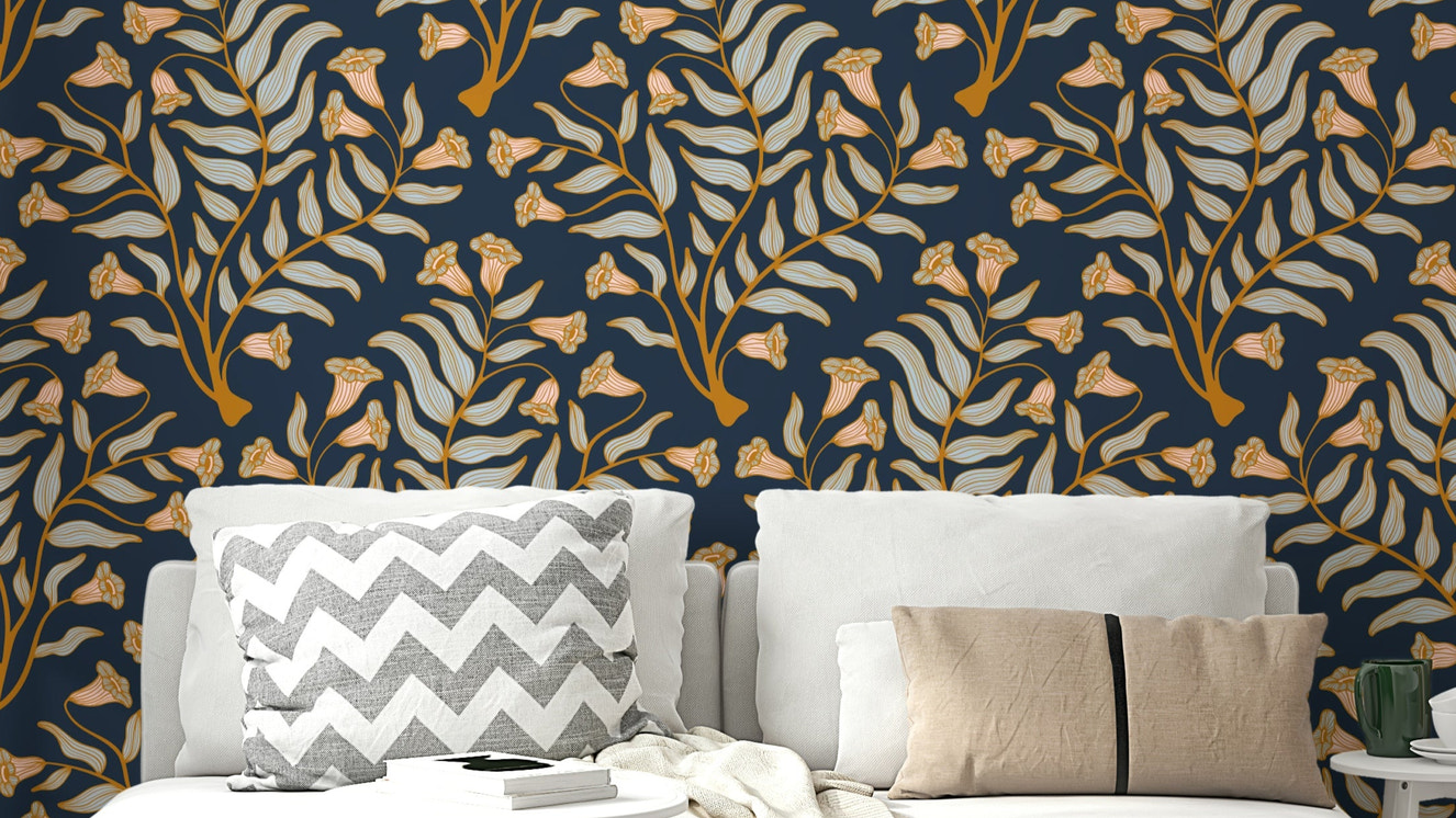 Botanical damask wallpaper in rich indigo tones

