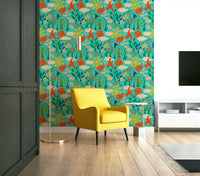 Garden birds wallpaper in bright red and turquoise


