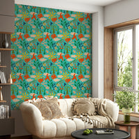 Whimsical nature wallpaper with birds and blossoms

