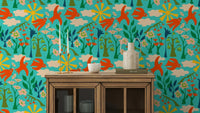 Garden bird wallpaper with vivid floral illustrations

