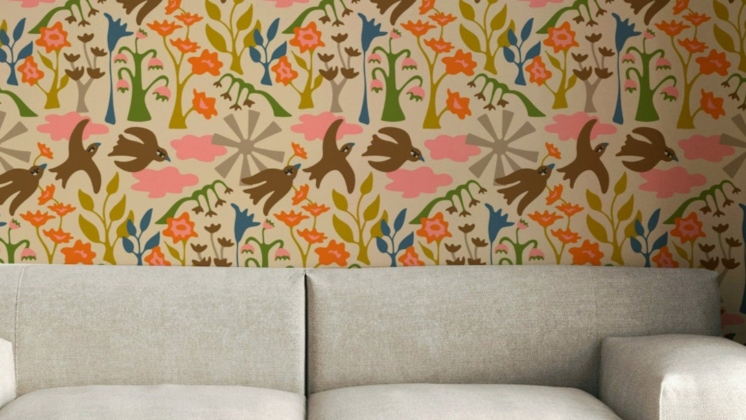 Earthy wallpaper with flying birds and bright florals

