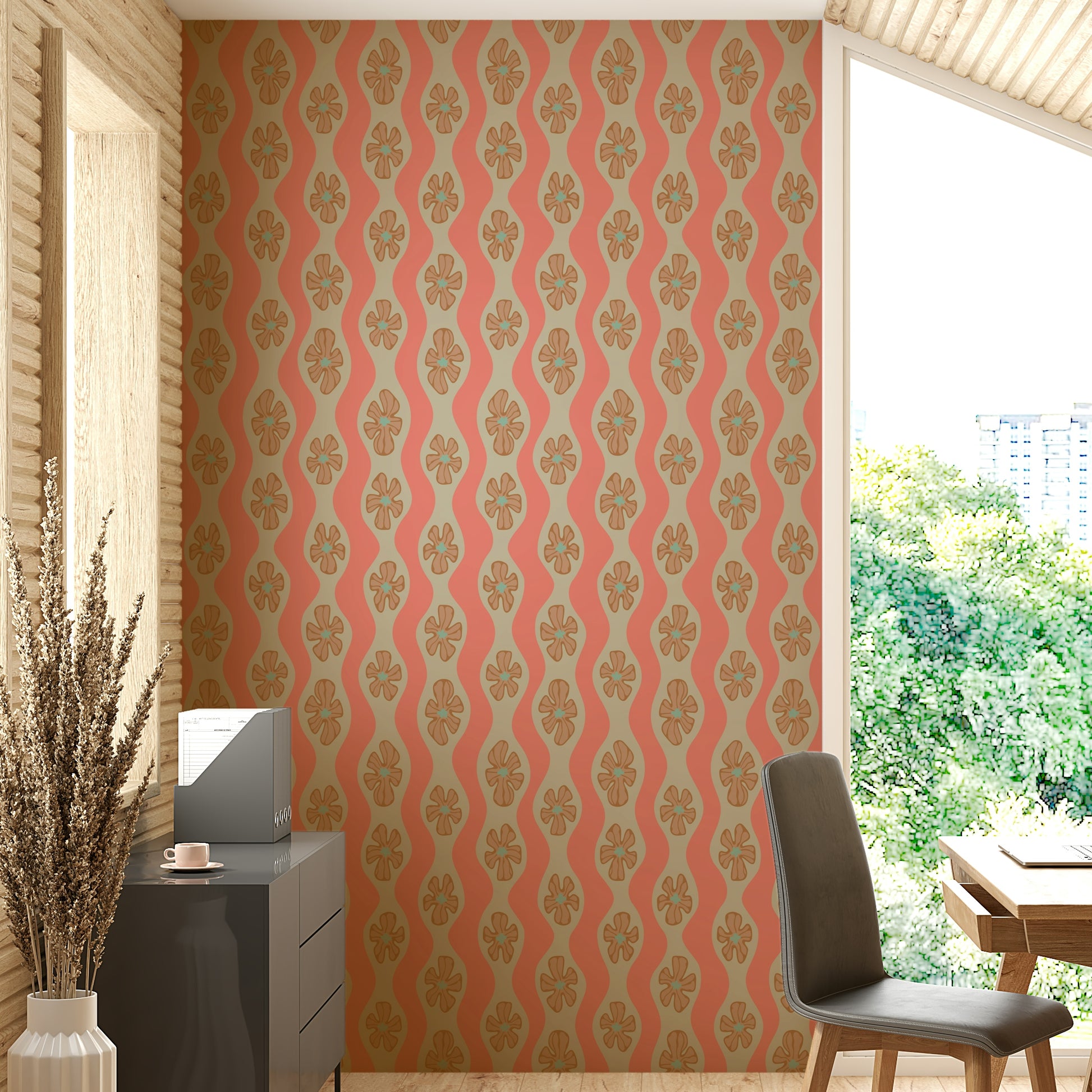 Blush orange retro floral wallpaper for cozy interiors

