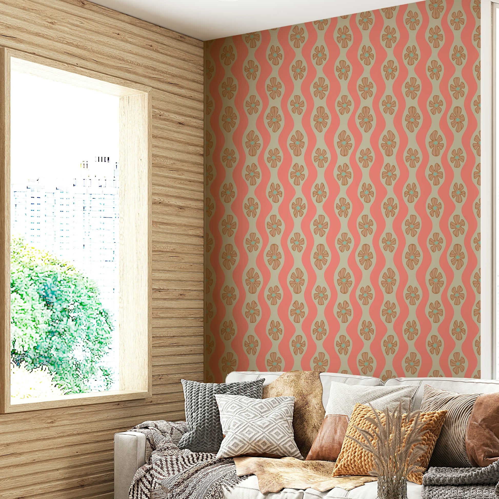 Mid-century flower wallpaper in blush and orange tones

