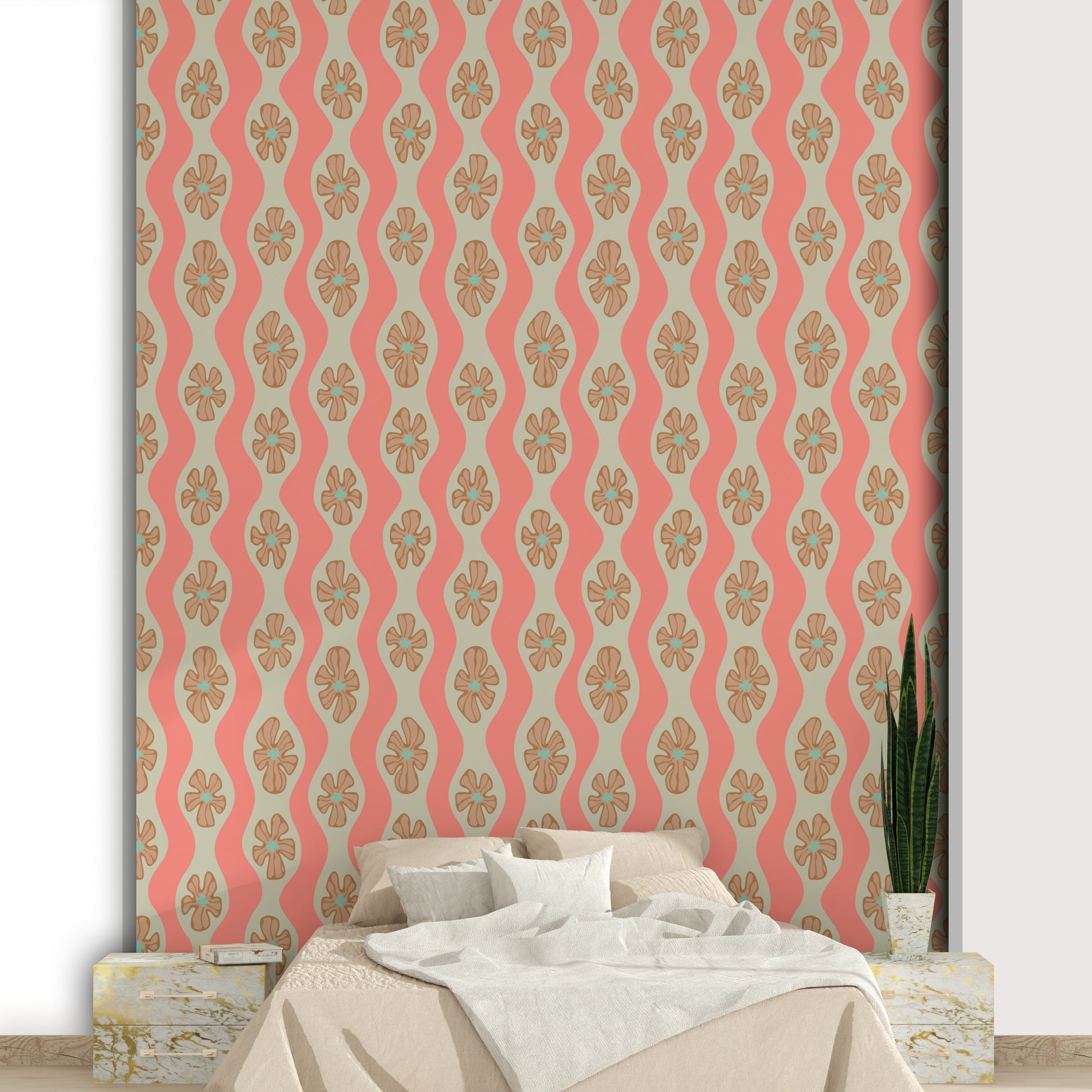 Retro wavy stripe wallpaper with floral accents

