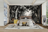 Minimalist nature mural in grayscale tones

