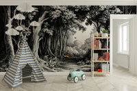 Tree silhouette mural in soft grayscale gradient

