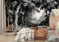 Into the Forest Wall Mural in black and white

