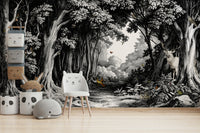 Monochrome forest mural with misty tree layers

