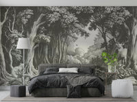 Misty forest mural with layered slate silhouettes

