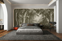 Olive green landscape mural with depth and texture

