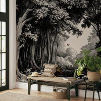 Black and white forest scene mural for interiors

