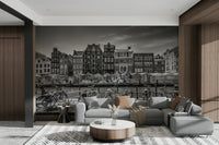 Amsterdam city scene mural with vintage bicycles

