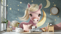 Soft tufted clouds and golden stars around pony

