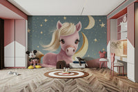 Pony and moon wall mural with golden stars on blue sky

