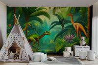 Wide mural wallpaper portraying a Jurassic oasis

