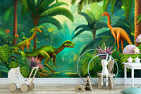 Prehistoric forest wallpaper mural in kids’ bedroom


