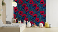 Dark backdrop with red poppies and blue cornflowers wallpaper

