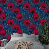 Deep matte wallpaper mural with red and blue blooms

