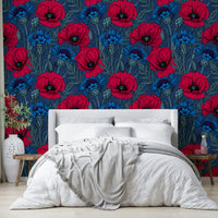 Bedroom wall covered in rich floral mural wallpaper

