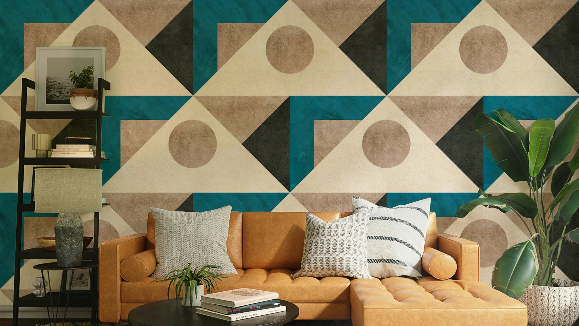 Mid-century mural wallpaper with teal retro pattern

