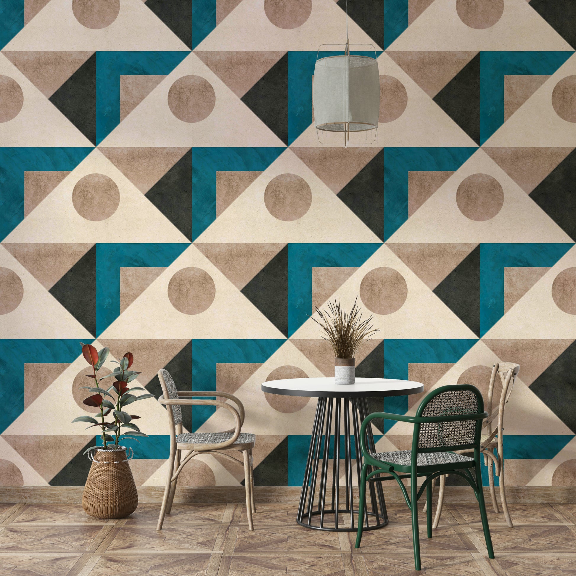Decorative teal mural with classic mid-century look


