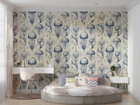 Aquatic-themed wallpaper with jellyfish in Delft Blue and Cream

