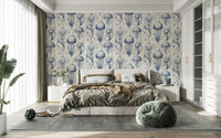 Calming jellyfish wallpaper in Delft Blue and Cream tones


