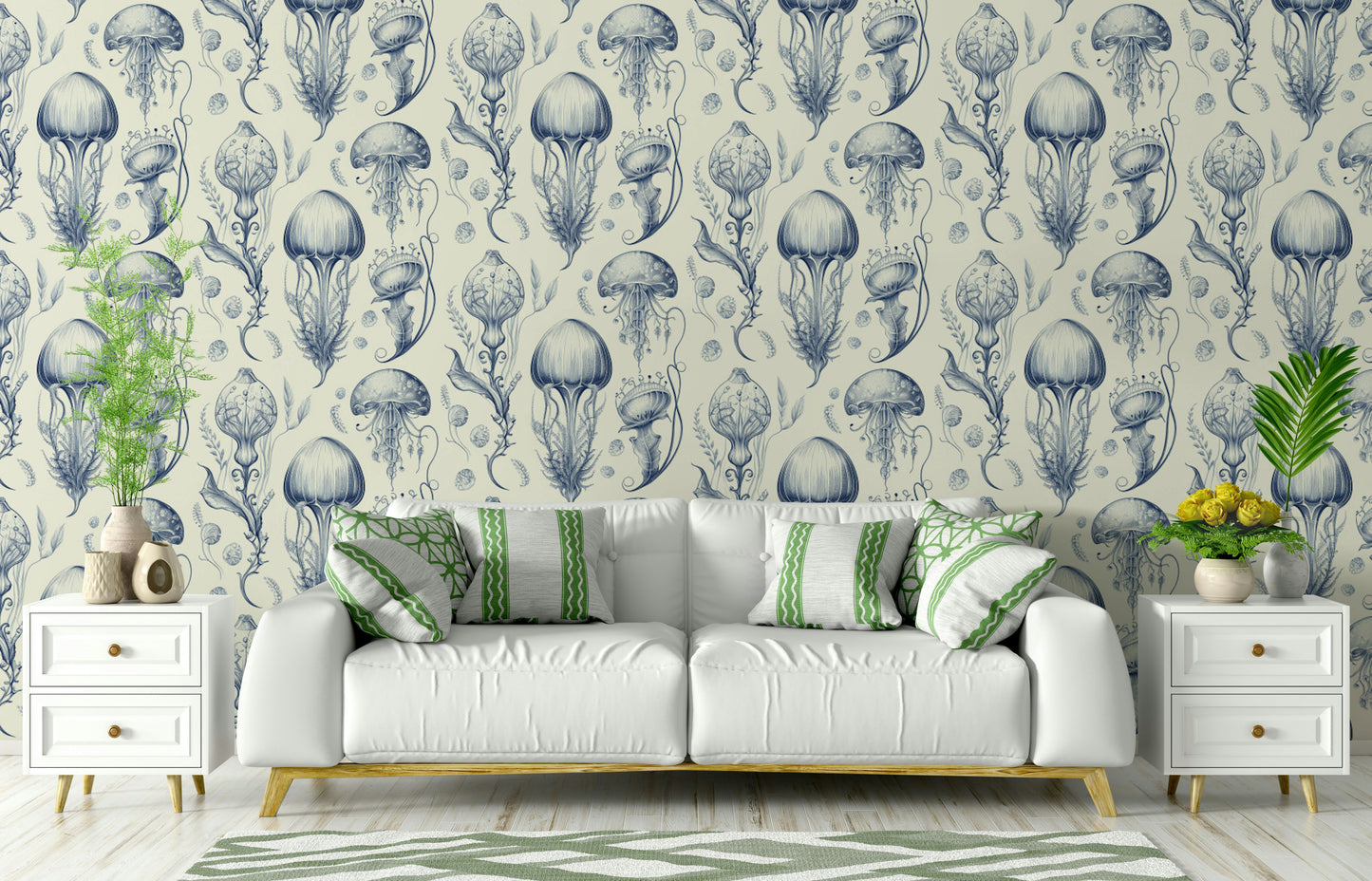 Serene jellyfish design wallpaper in Delft Blue and Cream

