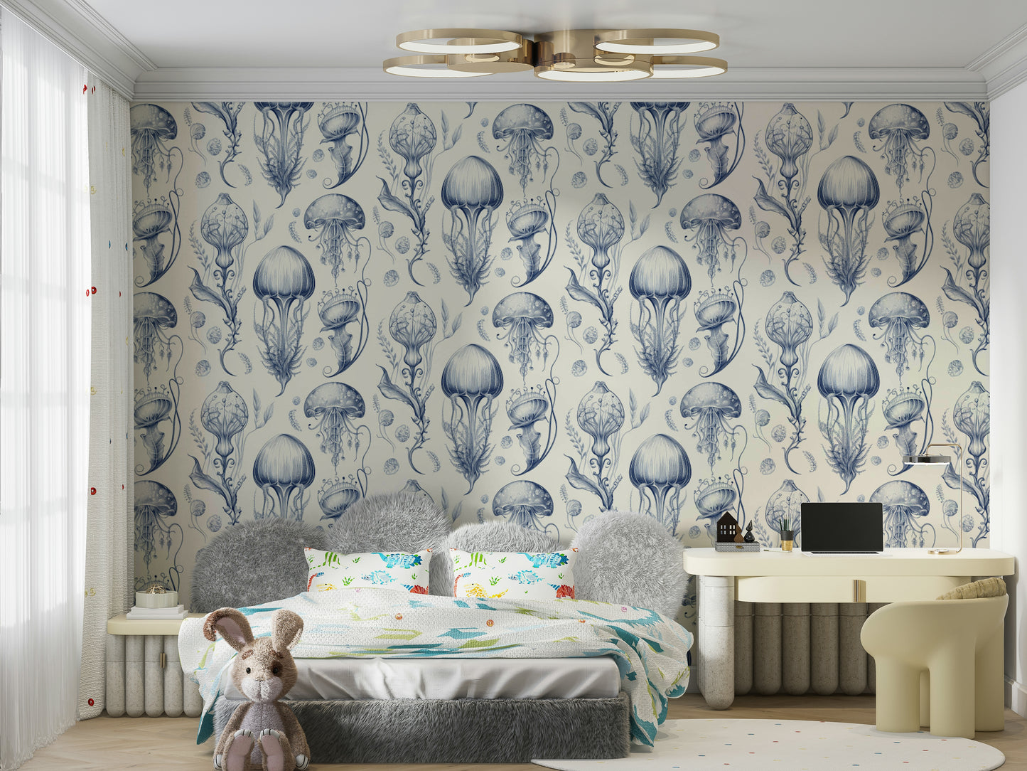 Elegant Delft Blue and Cream jellyfish wallpaper for walls

