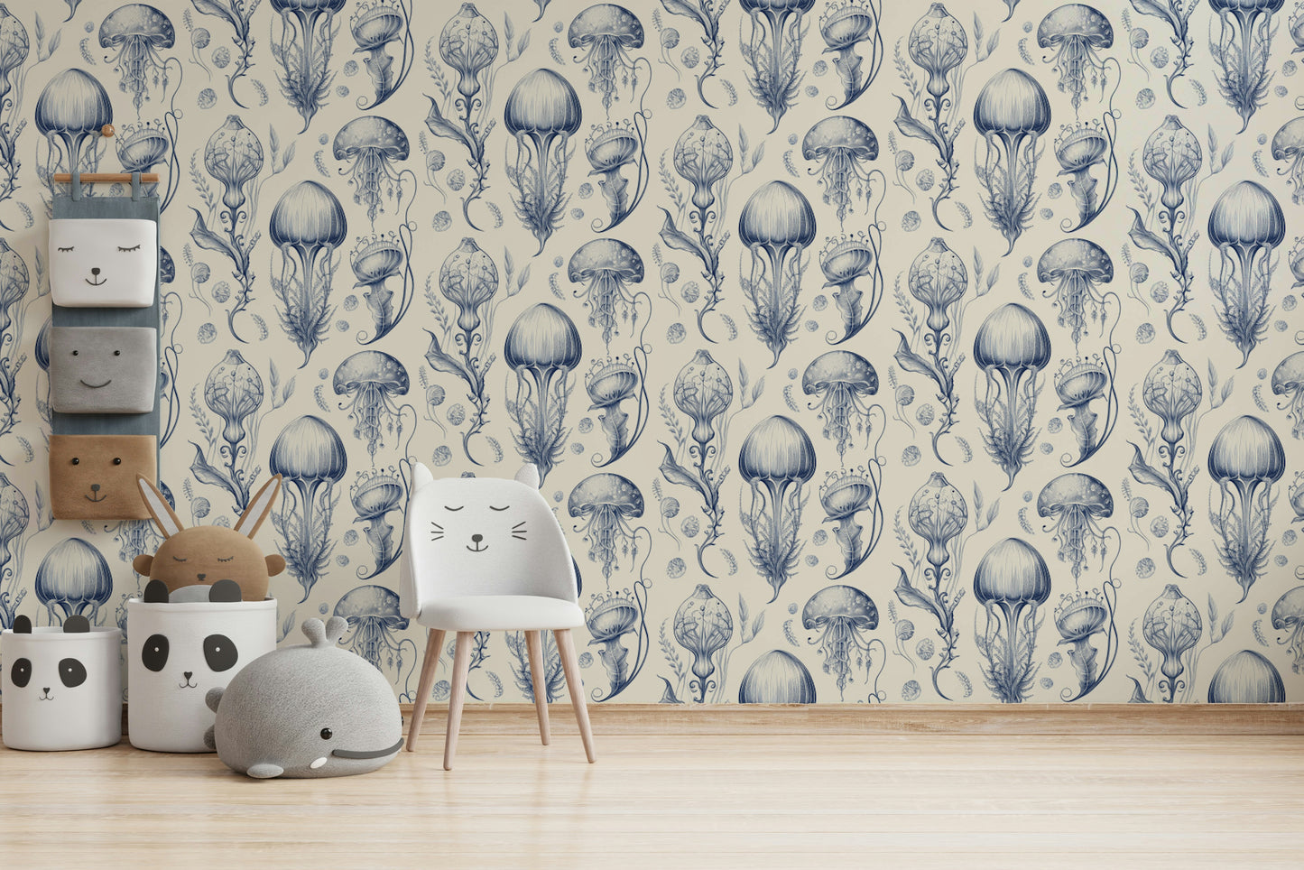 Soft blue and cream jellyfish wallpaper for modern interiors

