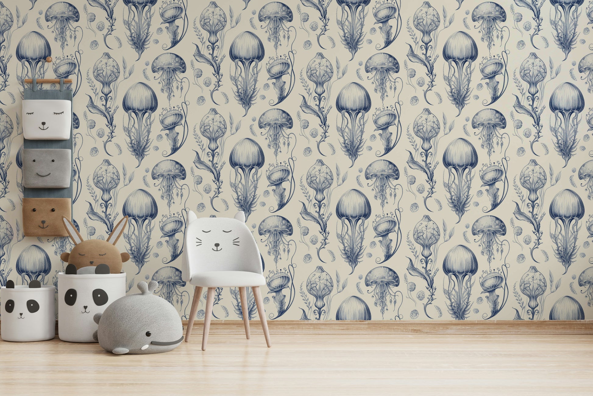 Soft blue and cream jellyfish wallpaper for modern interiors

