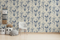 Soft blue and cream jellyfish wallpaper for modern interiors

