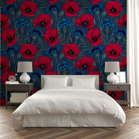 Floral poppies and cornflowers wallpaper for bedroom

