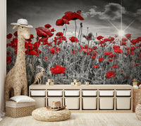 Sunlit poppy flower mural for living room or bedroom

