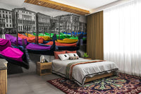 Colorful cloth-covered gondolas along the Venice canals

