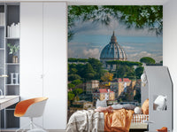 Vatican City mural with lush greenery and city buildings

