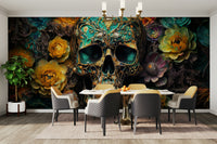 Memento Mori Blooms and Bone Wall Mural featuring skulls and flowers

